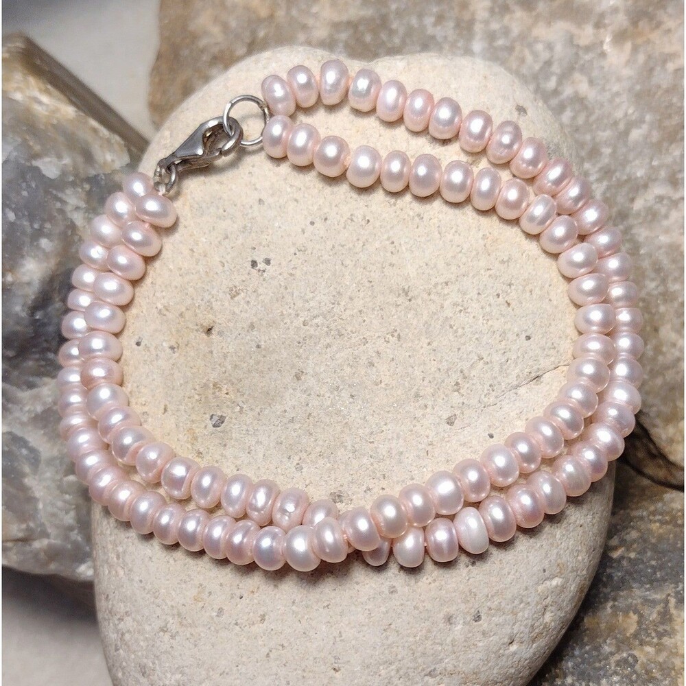 Double Strand Pink Pearl Sterling Silver Clasp Bracelet